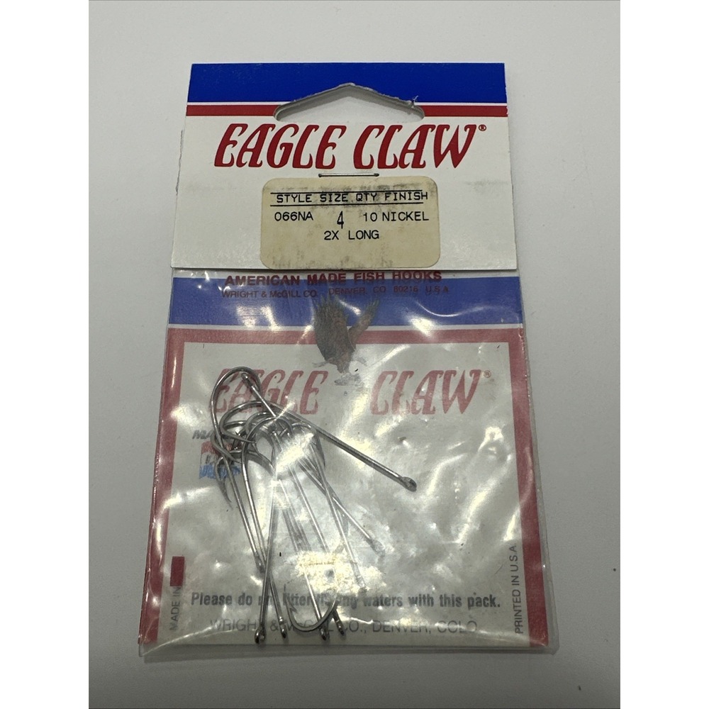 Eagle Claw 066NA 2X Long Plain Shank Hook Nickel Size 4 10 Pack K9-5